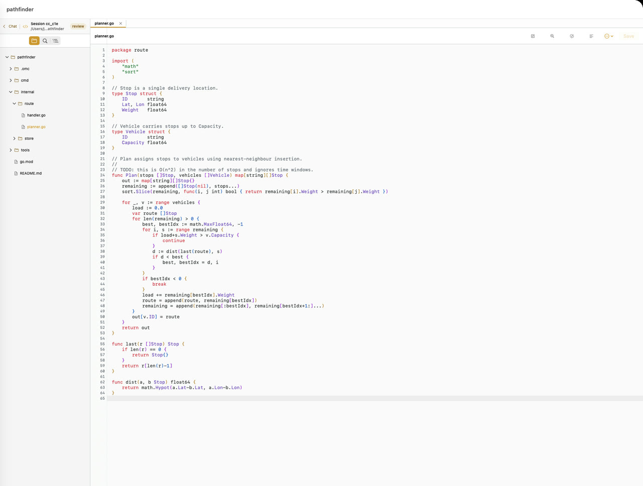 The built-in editor: project file tree, open tabs, and syntax-highlighted Go